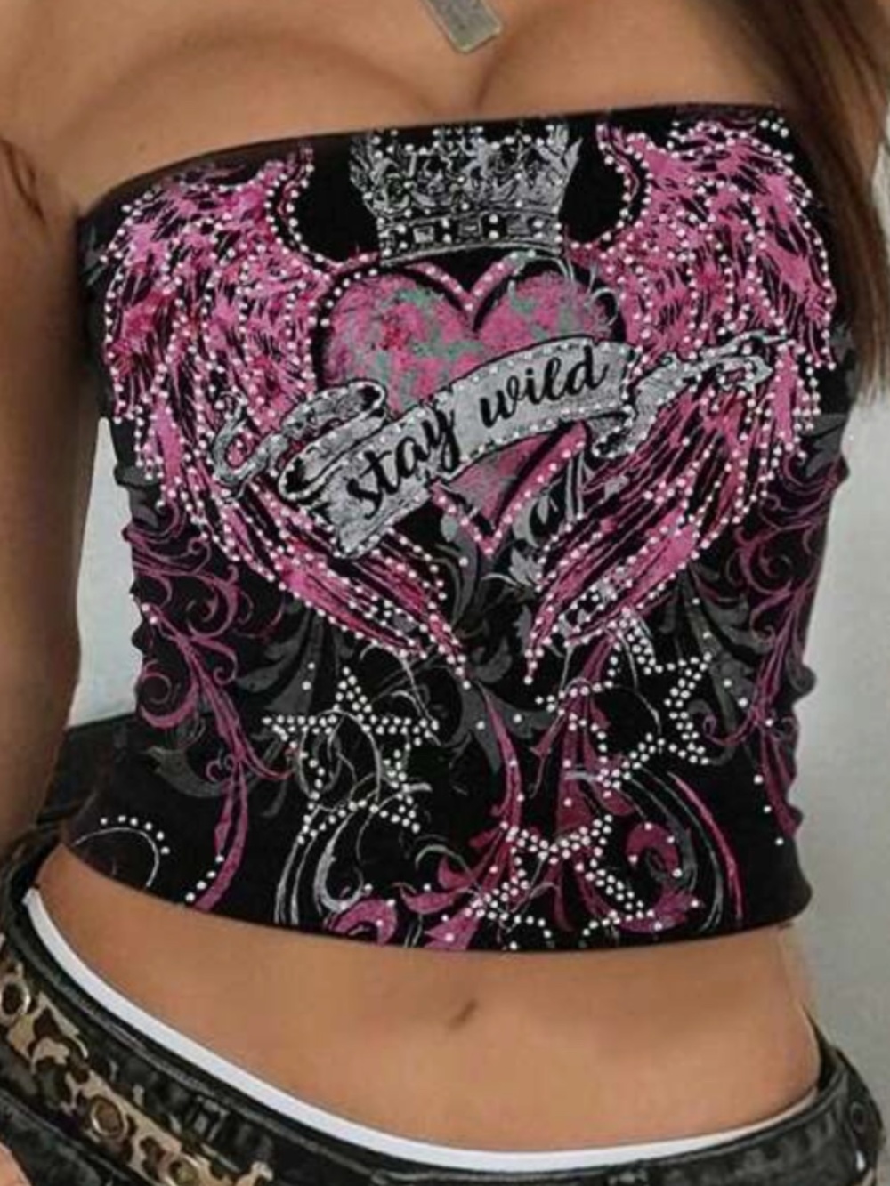 Black Strapless Y2K style trashy Tube Top with Pink Heart Graphic - "Stay Wild"